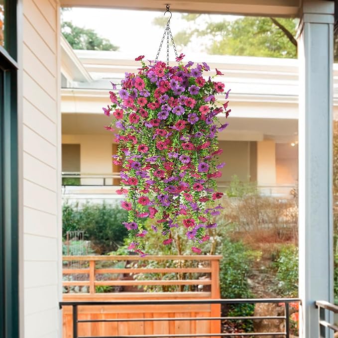 Homsunny Artificial Flowers Hanging Basket for Outdoor Spring Decor, Fake Hanging Plants Faux Mums UV Resistant Silk Daisy for Outside Front Porch Patio Balcony Garden Backyard