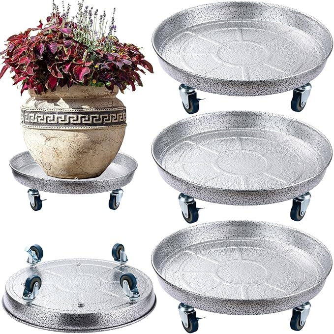 3 Packs 13 inches Metal Plant Caddy with Wheels Large Rolling Plant Stand Heavy-duty Iron Plant Dolly Casters for Indoor Outdoor Flower Pot Mover Roller Coasters, Silver-black