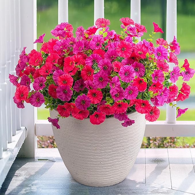 Artificial Flowers for Outdoors, 12 Bundles Fake Plastic Flower Plant, Faux Colorful Silk Morning Glory Eucalyptus for Spring Summer Outside Garden Porch Front Door Decor, Hot Pink Purple