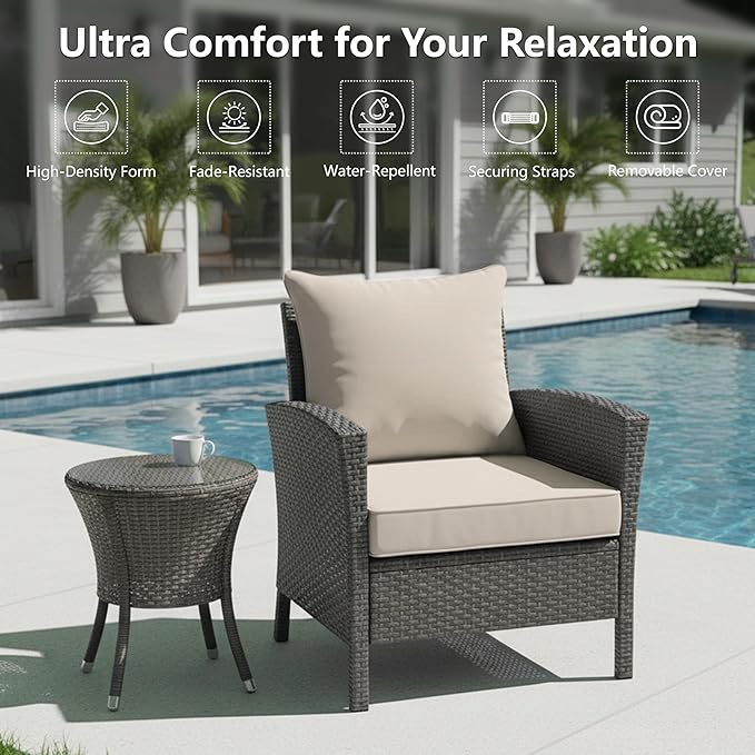 19x19 Inch Patio Chair Cushion with Removable Cover, Outdoor Furniture Cushion - Water-Repellent, Fade-Resistant, Non-Slip Bottom & Straps, Replacement for Lawn, Porch & Deck Chair - Cream