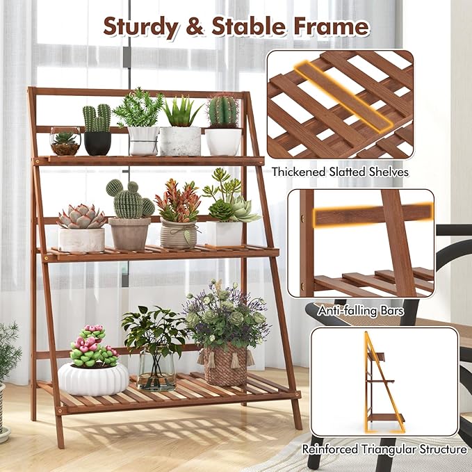 Plant Stand, 3 Tier Bamboo Ladder Plant Stand with Foldable Design, Anti-falling Crossbar, Freestanding Plant Shelf for Indoor Outdoor, Living Room Balcony Patio Garden