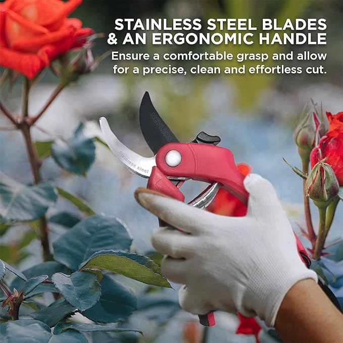 Nevlers 8" Red Bypass Pruning Shears for Gardening | Heavy Duty Garden Shears & Hand Pruners | Stainless Steel Plant Trimmer Blades w/ 8mm Cut Cap | Ergonomic Spring-Assisted Garden Clippers Handheld