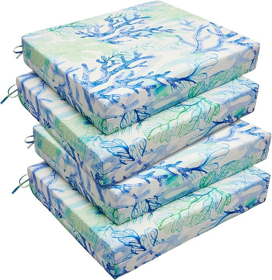 downluxe Outdoor Chair Cushions Set of 4 for Patio Furniture, Water-Resistant Square Corner Patio Chair Cushions with Ties, High Density Foam Outdoor Seat Cushion, 18.5" X 16" X 3", Blue Coral