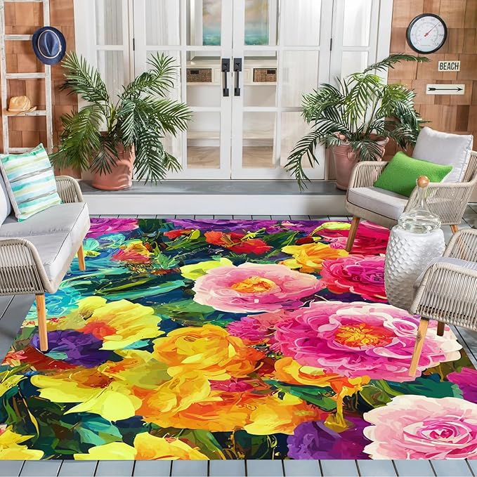 Vibrant Floral Yellow Green Outdoor Rug Modern Contempporary Art Deco Washable Area Rug for Patio Porch Deck Balcony Waterproof Durable Backyard Carpet Cute Garden Large Rugs 4x6