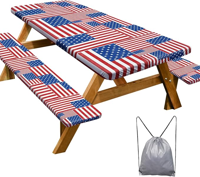 Play Tailor Picnic Table Cover with Bench Covers Camping Essentials Waterproof Windproof Camping Tablecloth with Drawstring Bag, Fitted Rectangle Tables and Seats, 72in, Red Blue White