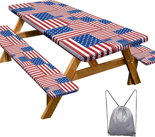 Play Tailor Picnic Table Cover with Bench Covers Camping Essentials Waterproof Windproof Camping Tablecloth with Drawstring Bag, Fitted Rectangle Tables and Seats, 72in, Red Blue White