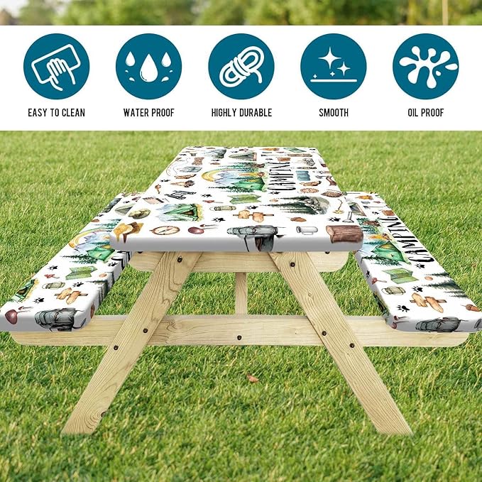 Picnic Table Cover with Bench Covers, Happy Camper RV Camping Tablecloth Fitted Picnic Picnic Table Cover with Elastic Windproof Waterproof, Outdoor & Garden Camping Accessories Essentials, 60in