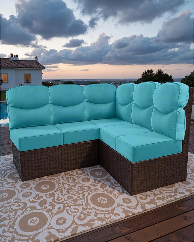 Luxury 24x24x6 Outdoor Cushions for 5-Seat Sectional Sofa Set of 5 - Water-Repellent 11-Piece Patio Cushion for Outside Rattan Wicker Loveseat Chair L-Shape Couch - Turquoise/Smile