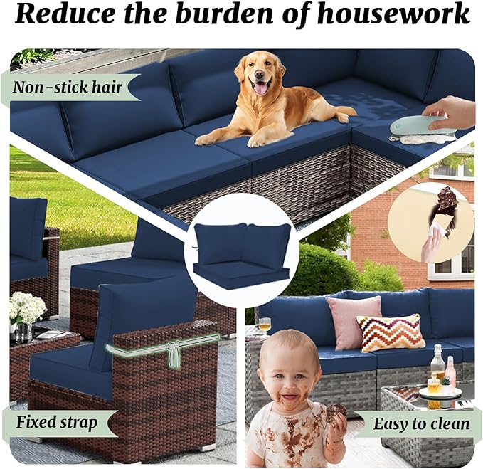 Outdoor Sectional Cushions Replacement Set, 26x26in Patio Furniture Cushions, 14 Pieces Waterproof Outdoor Couch Cushion for 6 Seat Wicker Conversation (Navy 15" Height)