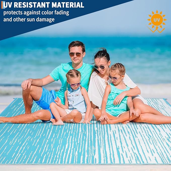Outdoor Rug 5x8 Waterproof Patio Rugs Abstarct Line Reversible Mat for Front Door Rv Foldable Plastic Straw Carpet for Travel Trailers, Deck, Picnic, Porch, Camper, Balcony, Beach，Light Blue
