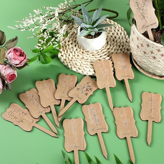 36Pcs Wooden Plant Markers Garden Labels Stakes Plant Herb Tags Sign Nursery Plant Tags with Printed Herb Name Gardener Gifts for Indoor Outdoor Garden Supplies Potted Herb Flower 12 Styles