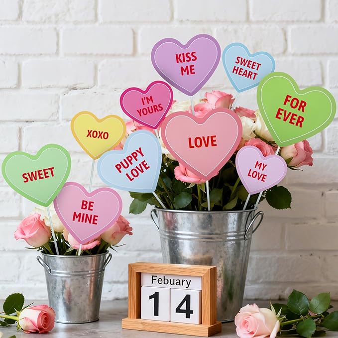 Iceyyyy 12Pcs Valentine's Day Conversation Planter Stakes, Mix Size Candy Heart Planter Stakes, Decorative Valentines Garden Planter Stake Sign for Home Anniversary Party Outdoor Lawn Decor