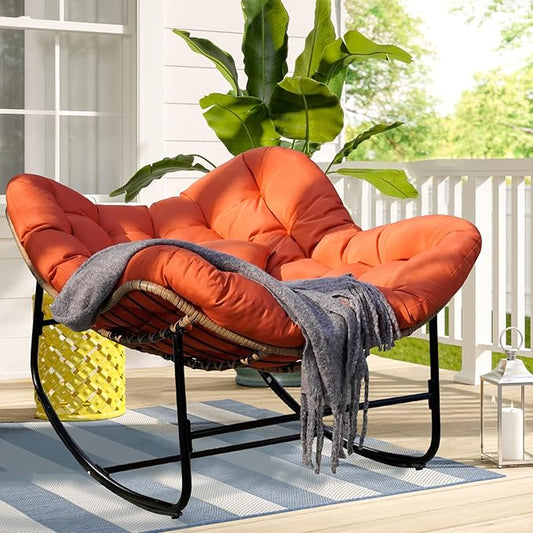 Papasan Rocking Chair, Oversized Papasan Chair with Cushion and Frame for Indoor& Outdoor, Deep Seat Egg-Shaped Rocker Chair for Garden, Deck, Living Room, Orange
