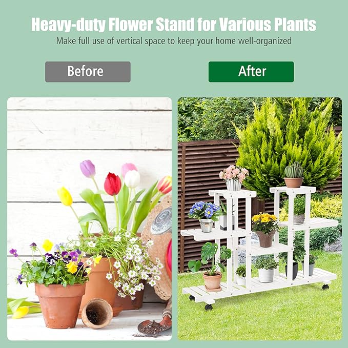 Giantex Rolling Flower Rack Wood Plant Stand on Wheels 6 Wood Shelves 12 Pots Bonsai Display Shelf Indoor Outdoor Yard Garden Patio Balcony Living Room Storage Rack Bookshelf Hollow Shelves (White)