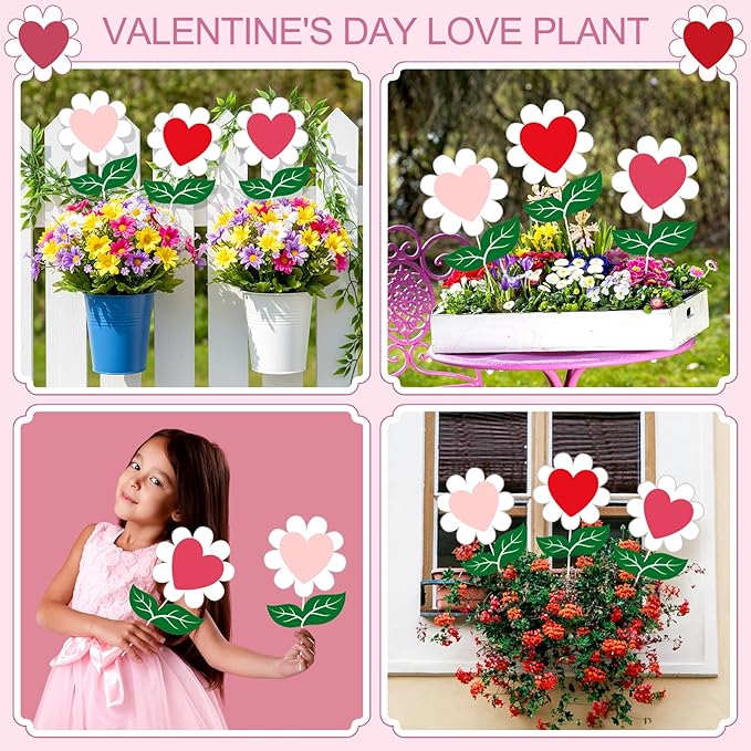 BreezeHug 3 Pcs 11" W 13.7" H Valentine's Day Heart-Shaped Flower Yard Stakes Outdoor Large Planter Garden Stakes Sign Valentine Flower Stick Pink Red Decorative for Yard Patio Lawn Spring Decor