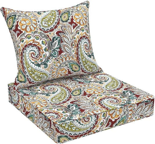 Outdoor Deep Seat Cushion Set, Water Repellent 22"x22" Patio Thick Cushions Replacement with Seat & Back Pillow for Patio Sofa, Wicker Chair, Couch - Paisley Chilli