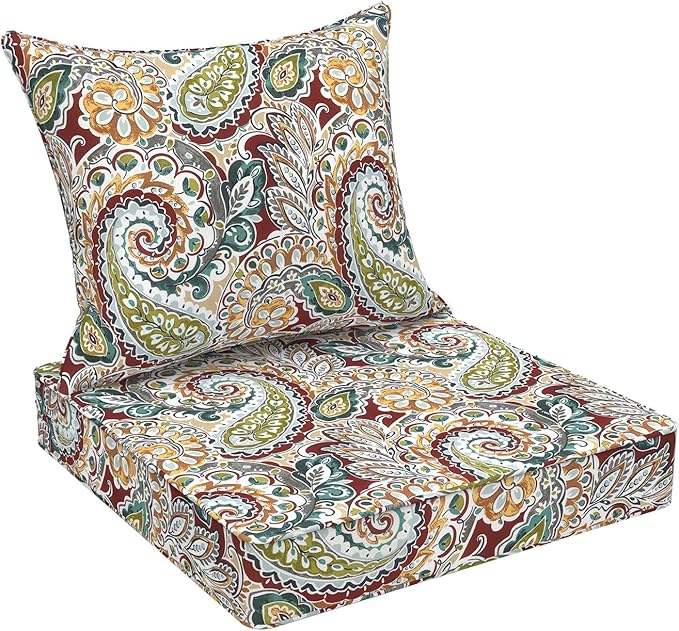 Outdoor Deep Seat Cushion Set, Water Repellent 24"x24" Patio Thick Cushions Replacement with Seat & Back Pillow for Patio Sofa, Wicker Chair, Couch - Paisley Chilli