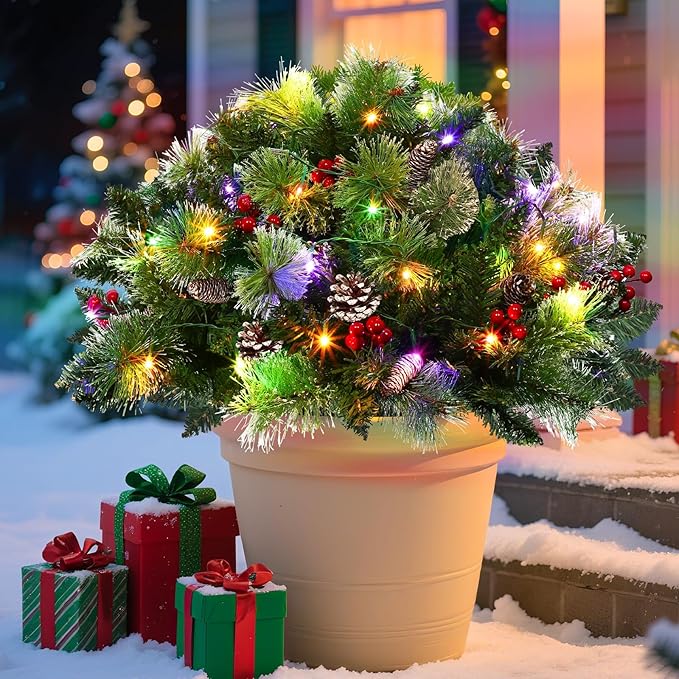 8 Modes&Timer -2 Pack 24" Lighted Christmas Tree Outdoor Urn Filler with Warm White & Multi-Color Change Lights Snowy Pinecone Berries Tripod Stake Xmas Trees Planter Filler Christmas Decor Yard Porch