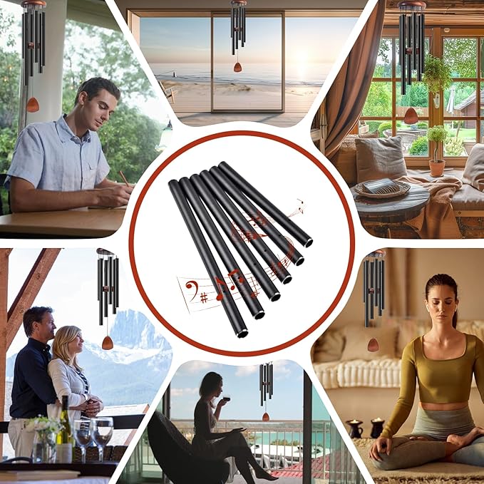9''-13'' Large Aluminum Wind Chime Tubes, 0.78'' Dia., 1.2mm Wall, with 16ft Nylon Cord, Superior Sound, Wind Chime Parts Replacement, DIY Crafts for Garden, Patio, Home Decor, Gifts(Black)