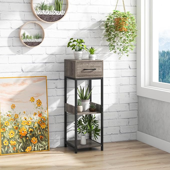 Giantex 3 Tier Tall Plant Stand Indoor, 36 Inch Corner Plant Holder with Drawer & Metal Frame, Modern Plant Shelf for Multiple Flower Pots, Square Plant Tables for Balcony, Living room, 1 Pack