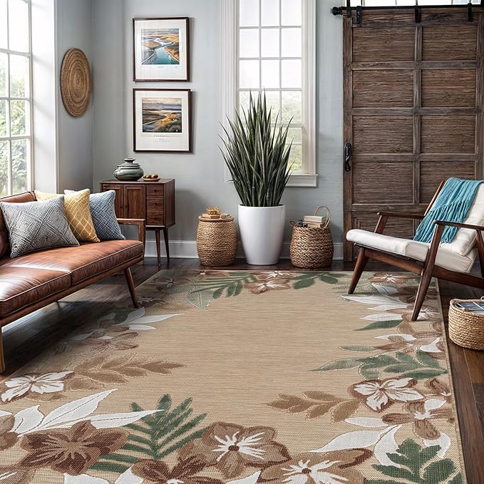 Outdoor Rug 6x9 Washable Area Rugs Indoor Outdoor Carpets Beige Border Floral Non Shedding Waterproof Easy Clean Patio Deck Porch Living Room Bedroom Garden RV (6 X 9 Beige)