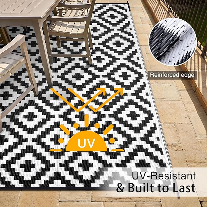 OLANLY Waterproof Outdoor Rug 9x12 ft, Outdoor Plastic Straw Rug for Camping, RV Mat Outside, Indoor Outdoor Carpet for Porch, Deck, Backyard, Balcony, Picnic, Black & White