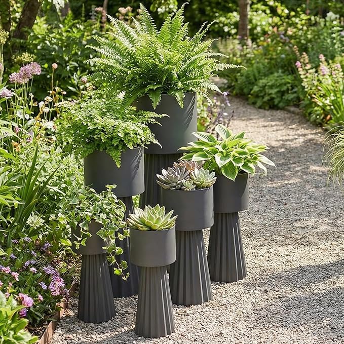 Tall Round Flower Pots, Set of 3 Metal Planters for Indoor Outdoor Plants, Large Planter Pot, Planters for Garden Front Porch Patio, 22.83", 26.77", 29.72" H, Dark Gray