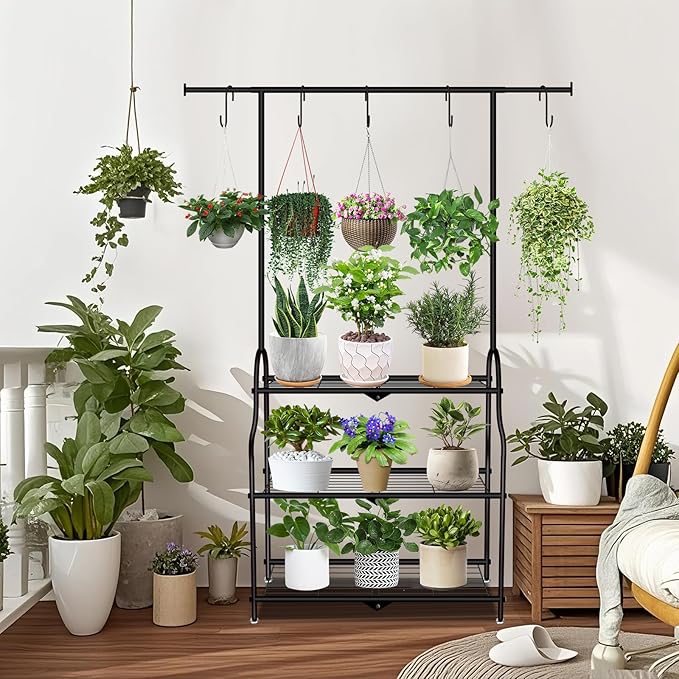 3 Tier Metal Plant Stand Indoor Outdoor, Heavy Duty Metal Hanging Plant Shelf for Multiple Flower Planter Holder, Tall Plant Holder with Plant Hanger for Garden, Living Room, Balcon