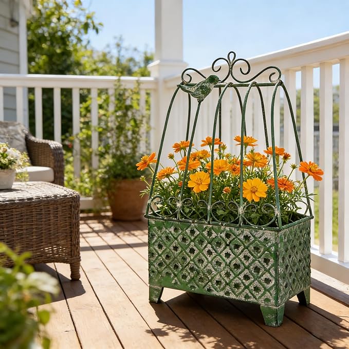 2-Piece Vintage Green Metal Birdcage Planter Set, Decorative Flower Pots with Ornate Design for Indoor Outdoor Garden Decor, Distressed Planters (Green)