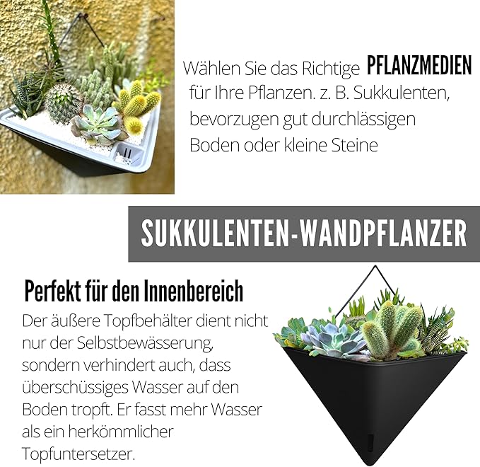 LaLaGreen Wall Planters for Indoor Plants - 2 Pack, 12 Inch Large Self Watering Black Geometric Hanging Flower Vase Vessel with Metal Hanger, Modern Stylish Wall Mounted Succulent Pot Holder Decor