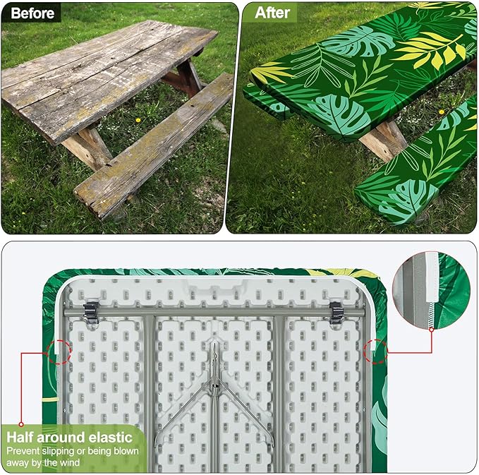 Picnic Table Cover with Bench Covers Camping Essentials Waterproof Windproof Camping Tablecloth with Drawstring Bag, Fitted Rectangle Tables and Seats, 60in, Dark Green