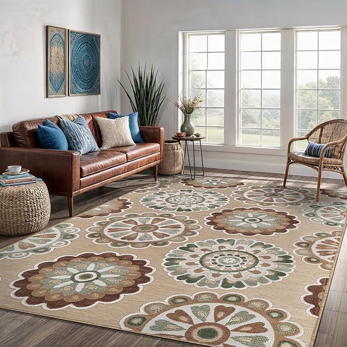 Outdoor Rug 5x7 Washable Area Rugs Indoor Outdoor Carpets Beige Bohemian Medallion Non Shedding Waterproof Easy Clean Patio Deck Porch Living Room Bedroom Garden RV (5 X 7 Beige)