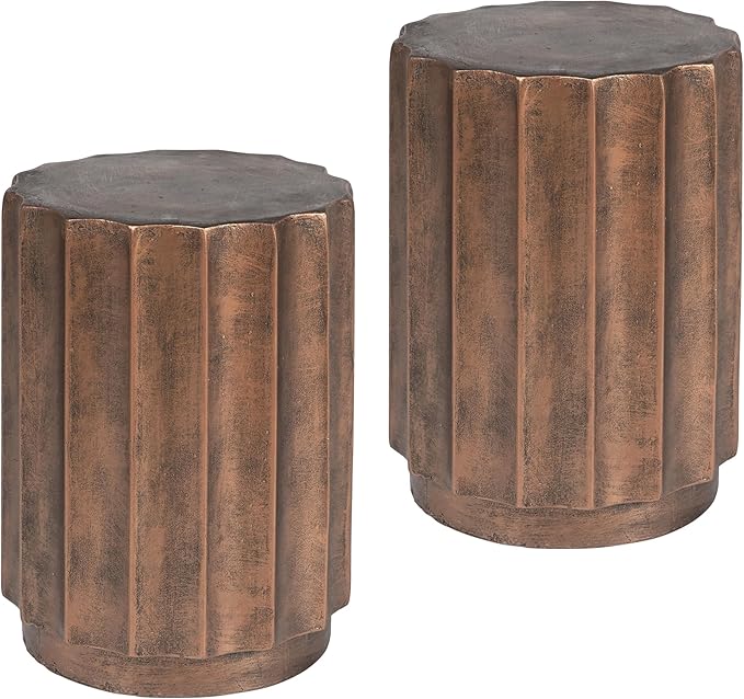 LuxenHome Weathered Copper Cement Fluted Round Indoor Outdoor Side and End Table, Set of 2