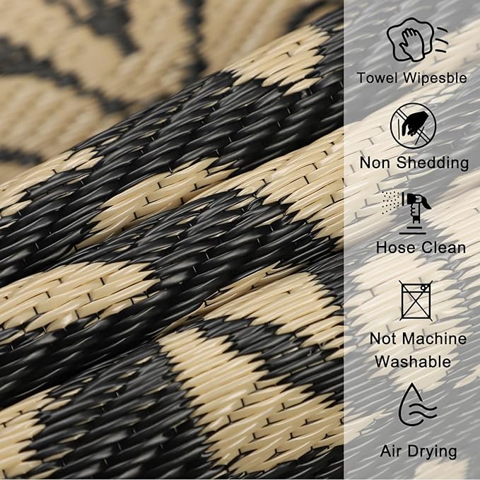 Homcomoda Round Outdoor Patio Rug, 6Ft Waterproof Indoor/Outdoor Area Rug, Black/Brown, 71" Diameter, Leaf Pattern, Machine Made, Low Pile, Foldable, Reversible, Lightweight, Spot Clean Only