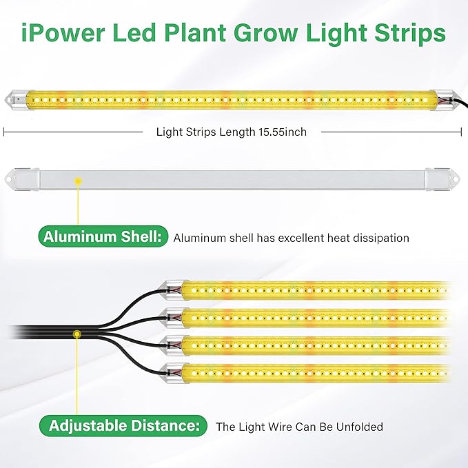 iPower 60W LED Plant Grow Light Strips Full Spectrum for Indoor Plants with Auto ON/Off 3/9/12H Timer, 10 Dimmable Levels 48 LEDs Per Tude, 4 Tubes, Yellow