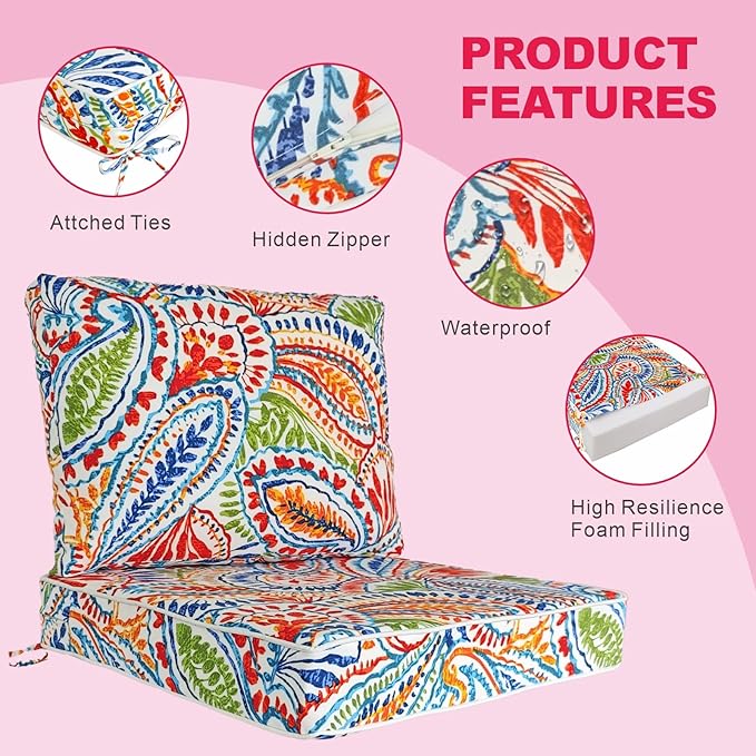 JMGBird Outdoor Chair Cushion Set - 19"x19" Tufted Seat & Back Cushions, Deep Seat Paisley Pattern Pillows for Patio Furniture