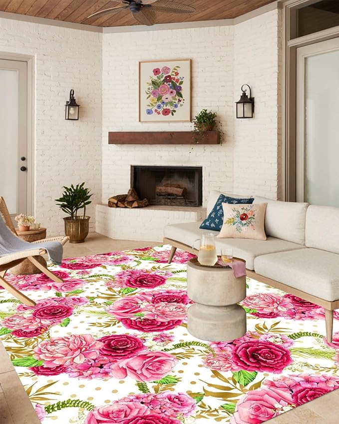 Vibrant Floral Pink Outdoor Rug Modern Contempporary Art Deco Washable Area Rug for Patio Porch Deck Balcony Waterproof Durable Backyard Carpet Cute Garden Large Rugs 6x8