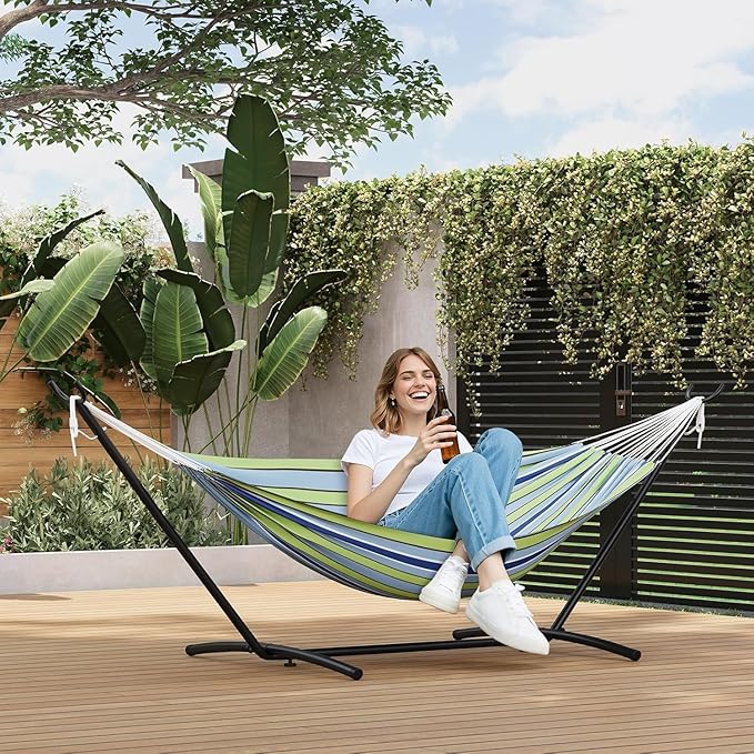Double Hammock with Space Saving Steel Stand Included-2 Person Camping Hammock with Carry Bag, Outdoor Portable Hammocks, 450lb Capacity Standing Hammocks for Garden Yard(Blue and Green)
