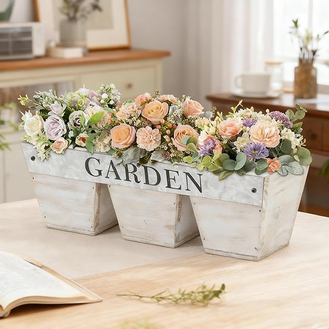 SOFE Farmhouse Wooden Flower Boxes, Rectangular Planters with Garden Sign, 11 Inch Long Pots for Plants, Porch Windowsill Decorative Planter