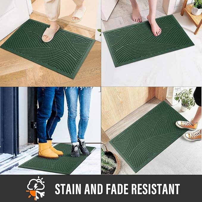 Sturdy Front Door Mat, Absorbent Muddy Dirt Resist Welcome Door Mats Outdoor Indoor, Stain and Fade Resistant, Non-Slip Backing Entry Mat Low Profile Doormat for Entryway, 47×32, Green