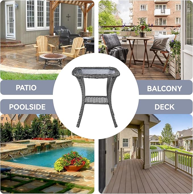 Patio Side Table Glass Wicker Table Outdoor PE Rattan Side Table with Storage Shelf Square Sidetable for Patio Garden Poolside Deck Balcony Porch Yard, Grey