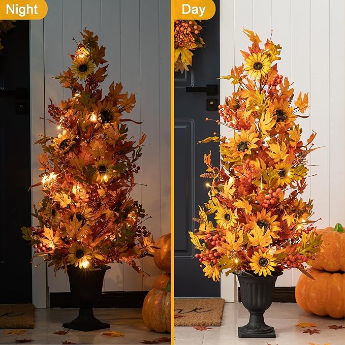 Glitzhome 2 Pcs 4FT Lighted Maple Tree with Timer, Artificial Fall Autumn Maple Leaf & Sunflower Urn Porch Tree with 20 Warm White LEDs for Autumn Fall Harvest Thanksgiving Christmas Decoration