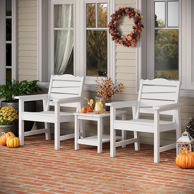 Patio Chairs Set of 2, Weatherproof HIPS Outdoor Dining Chair with Ergonomics Wide Seat, 400lbs Capacity Outdoor Chairs for Garden, Porch, Lawn & Backyard, White