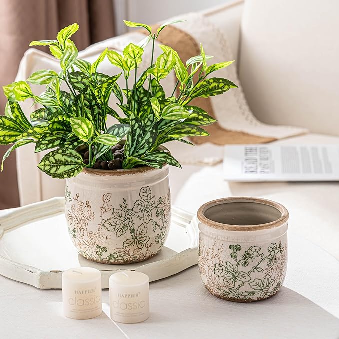 Set of 2 Ceramic Planters for Indoor Plants, 4.7+5.7 Inch Vintage Pots without Drainage Hole , Pastoral Rustic Planter Set, Decorative Ceramic Plant Pots for Flower, Indoor Planter Pots for Home Decor