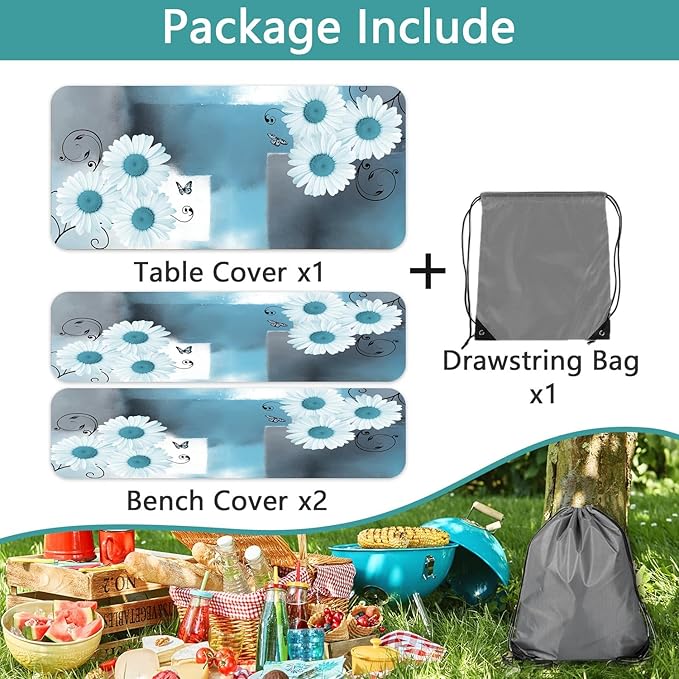 Picnic Table Cover with Bench Covers and Bag, Daisy Outdoor Waterproof Windproof Tablecloth with Elastic Edges. Camping Accessories RV Gear Campers Must Have 96x30 Inches 3 Pcs Set (Teal)