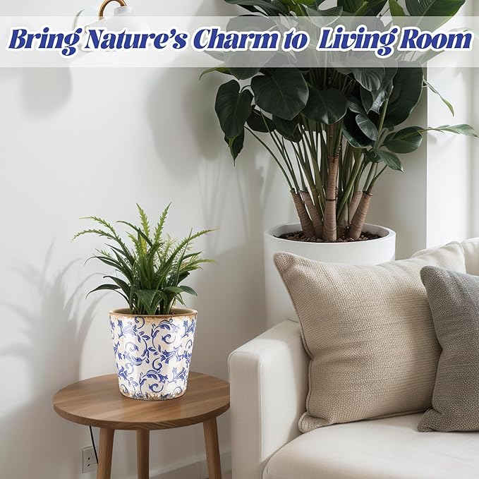 Farmhouse Ceramic Planter 5.5 Inch Large Plants Pot Crack White Blue Flowers Plant Pots with Drainage Hole Indoor Plants Kitchen Rustic Antique Decor Gift