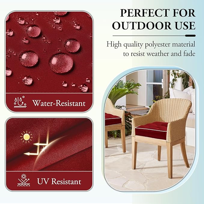 Wellsin Outdoor Chair Cushions Set of 2, Patio Cushions for Outdoor Furniture, Tufted Waterproof Outdoor Chair Pads, 19 x 19 Inch, Burgundy