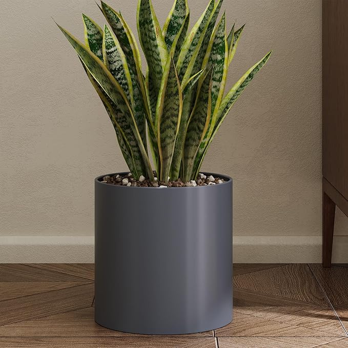 Metal Plant Pot with Drainage Hole,Mid Century Modern 7 inch Round Pot Indoor Outdoor Planters for Decorative Pots of Tabletop Living Room Bedroom Grey