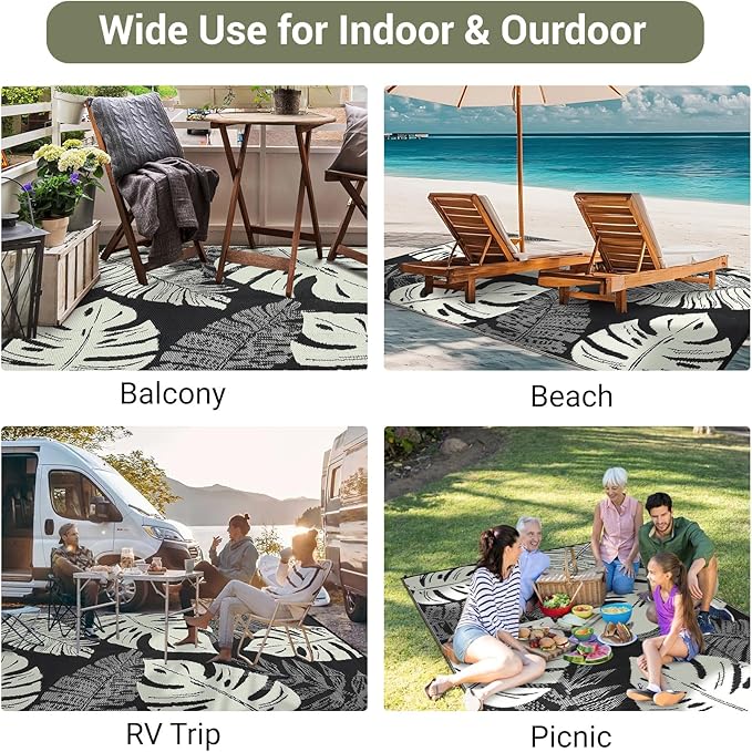 COZYLOOM Outdoor Plastic Straw Rug 8x10 Outdoor Patio Rug Waterproof Reversible UV Resistant Camping Mat, Foldable Lightweight RV Picnic Mat with Portable Bag, Modern Carpet for Yard Porch Deck
