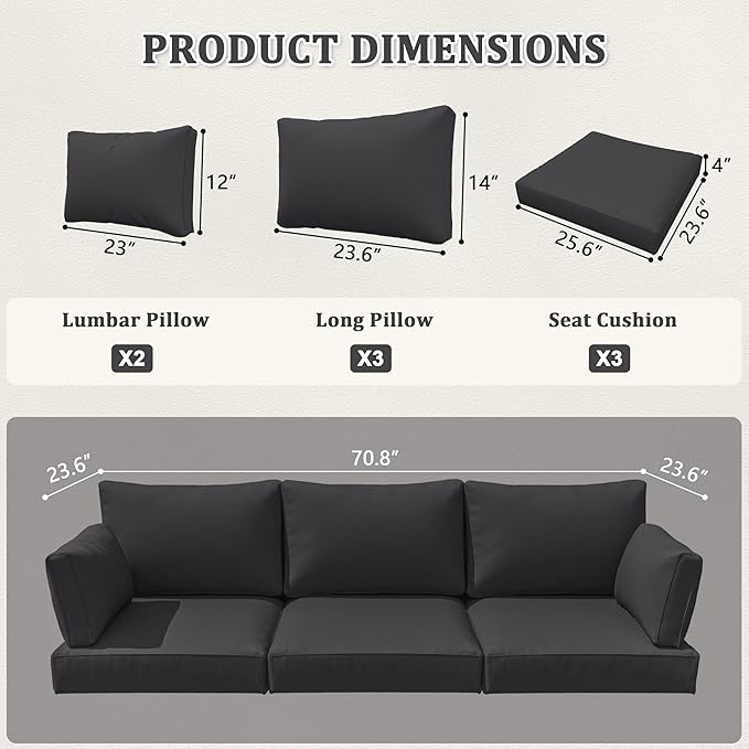 8-Piece Outdoor Cushions for Patio Furniture Thick Outdoor Chair Cushions Resilient Foam Waterproof Deep Seat Cushion Replacement for 3-Seat Sectional Sets Liner&Cover Grey